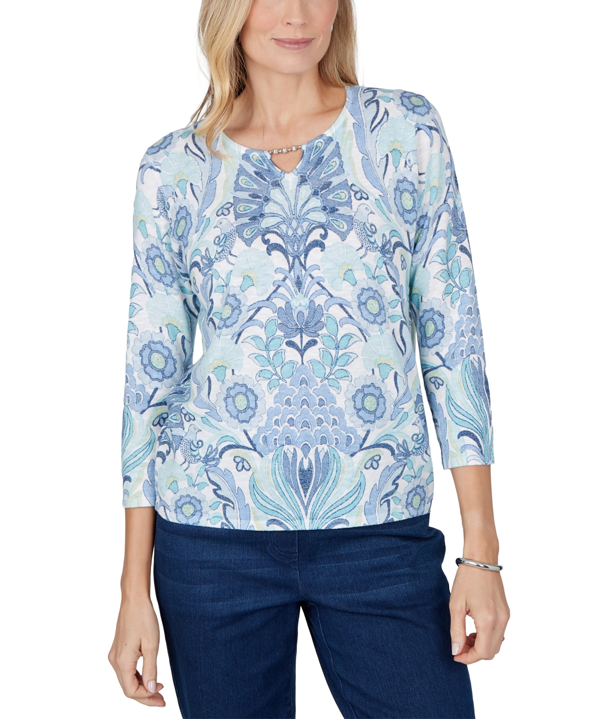 Alfred Dunner Petite 3/4-sleeve Floral Pullover Sweater In Blue