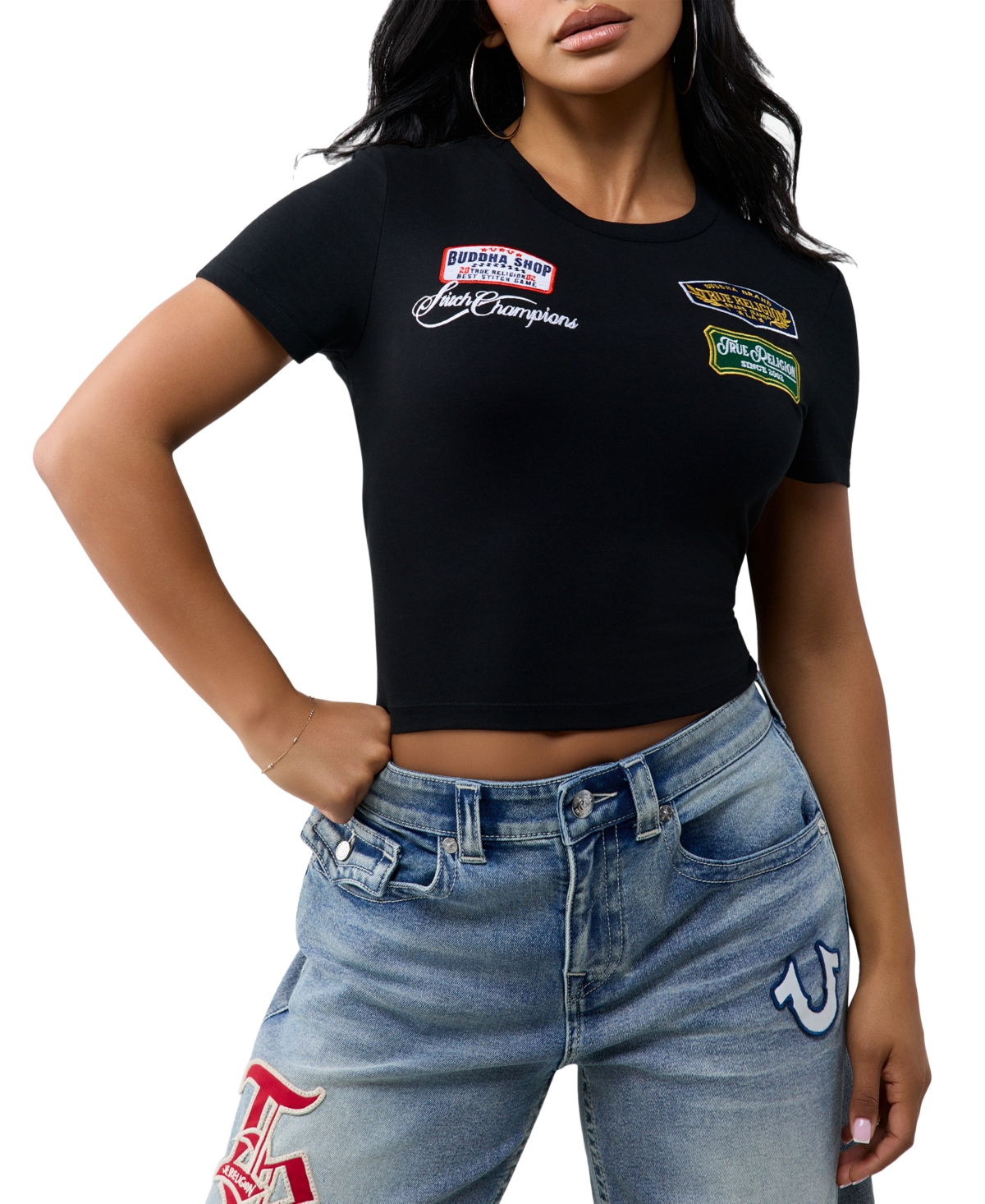 Women's Embroidered Patch Baby T-Shirt | Black | Size 2XL | True Religion
