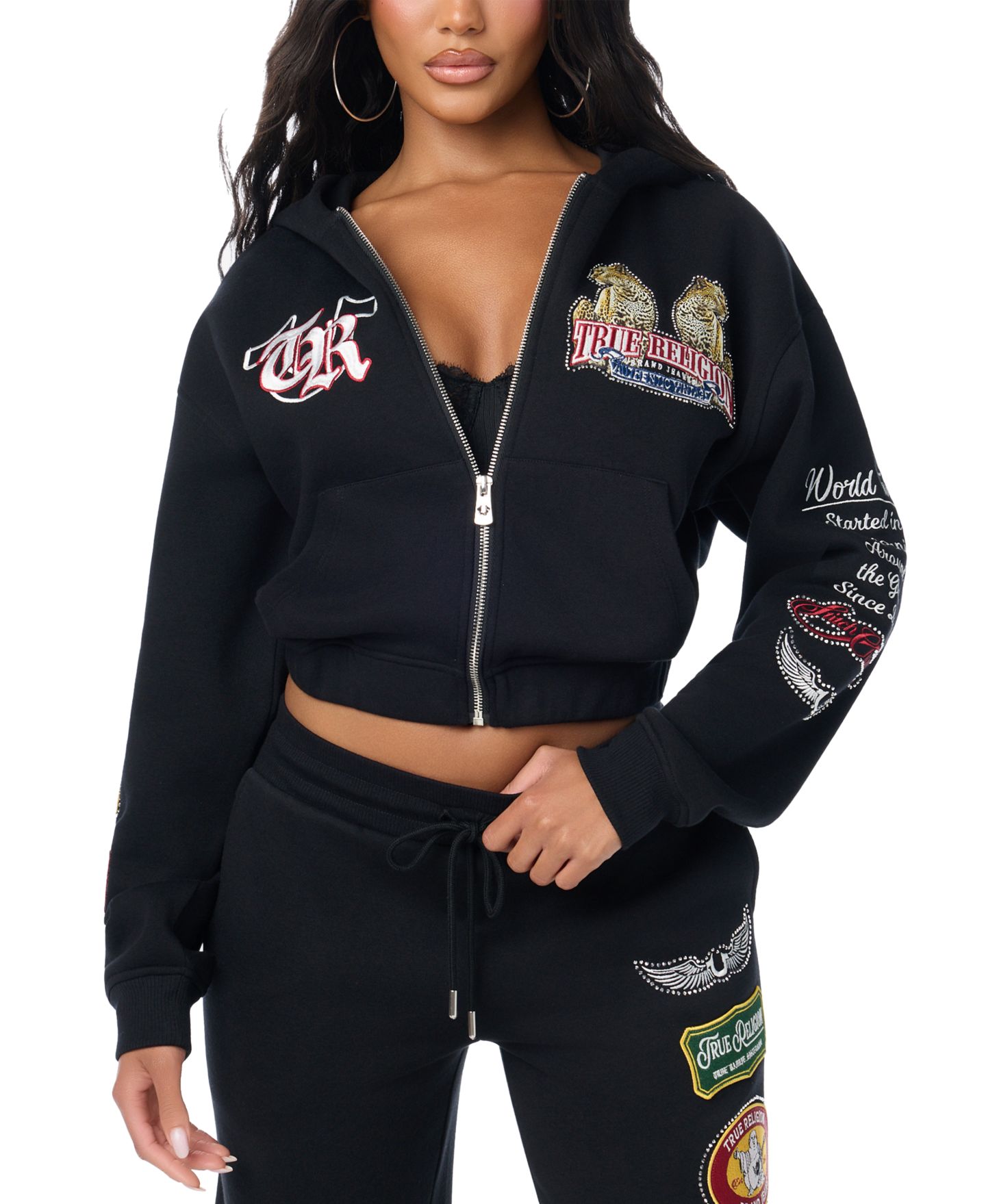Женское худи True Religion Cropped Full-Zip Graphic, цвет: Угольно-чёрный — фото 1