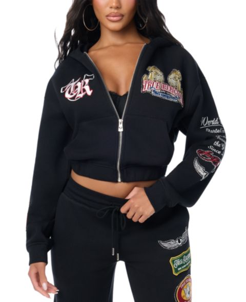 Женское худи True Religion Cropped Full-Zip Graphic, цвет: Угольно-чёрный
