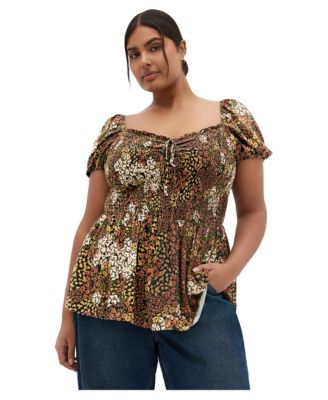 Plus Size Azure Floral-Print Tie-Up Shirred Blouse