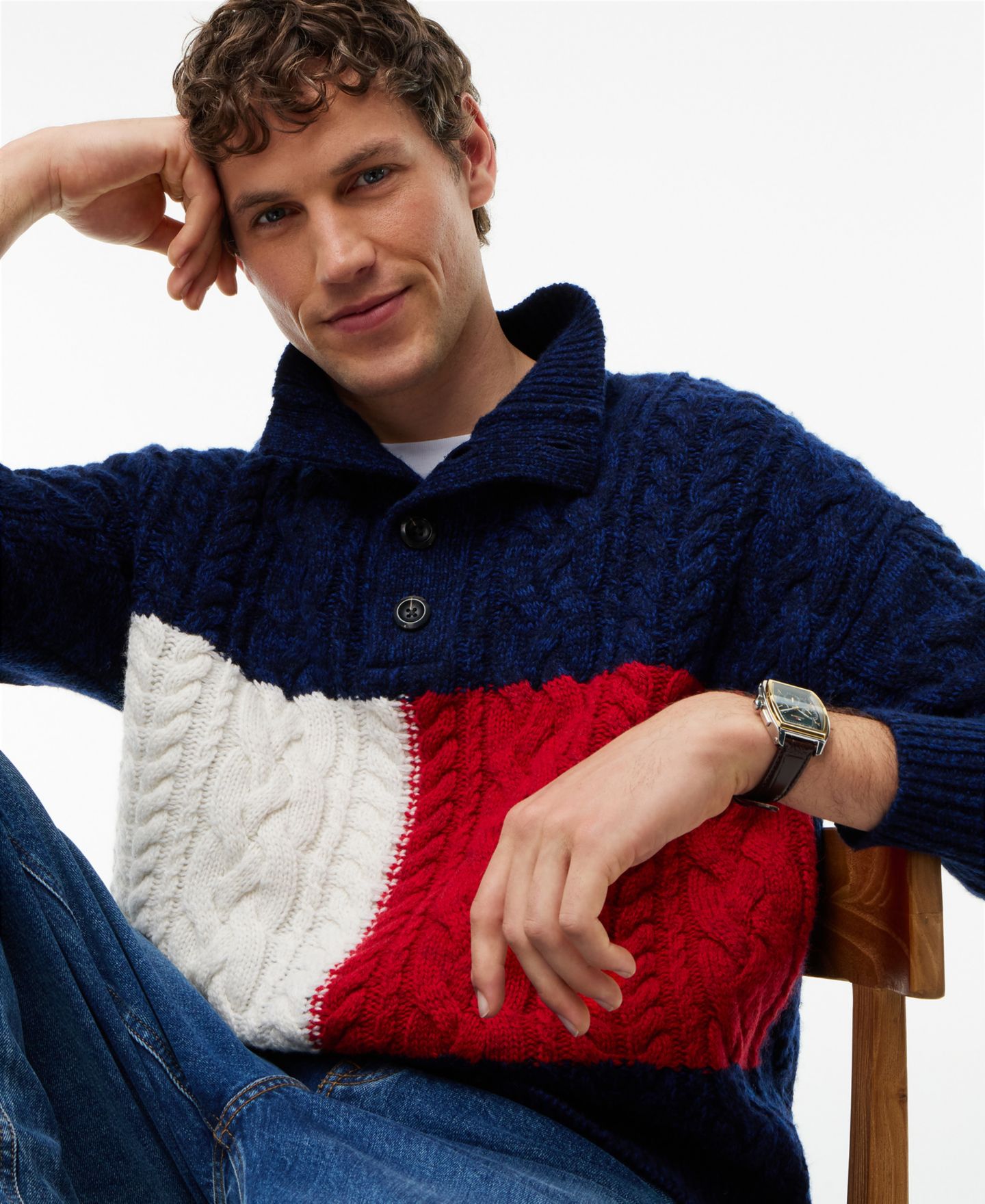 Мужской свитер Tommy Hilfiger косой вязки с воротником-стойкой из смеси шерсти, цвет: Тёмно-синий — фото 3