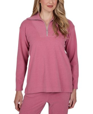 Petite Ribbed-Knit Quarter-Zip Long-Sleeve Top