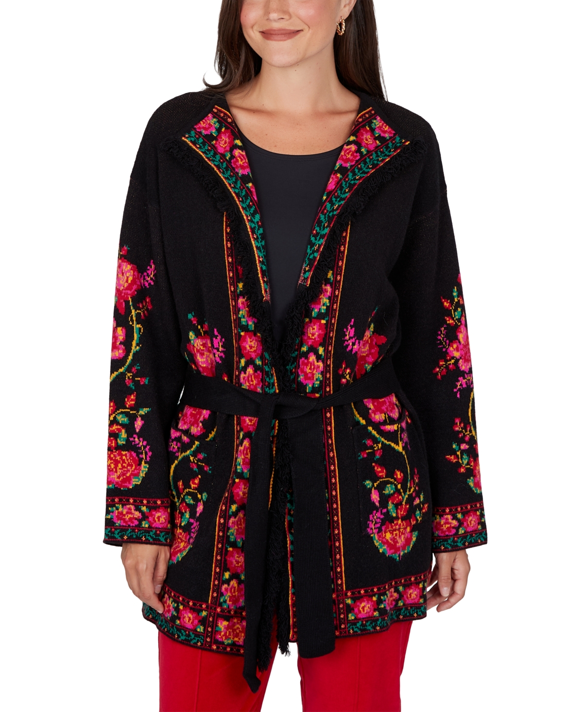 Ruby Rd. Petite Shawl Collar Floral-Print Long-Sleeve Cardigan