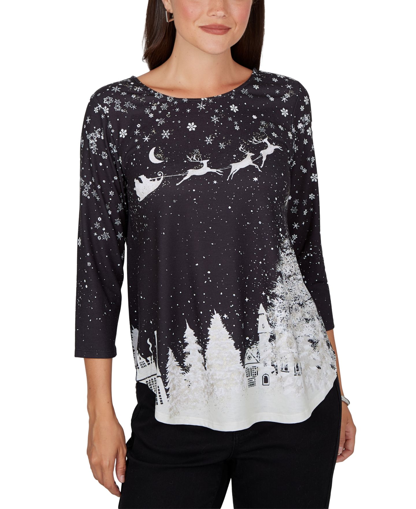 Женская футболка Ruby Rd. Petite Snowflake Holiday 3/4-Sleeve, цвет: Чёрный разноцветный — фото 1
