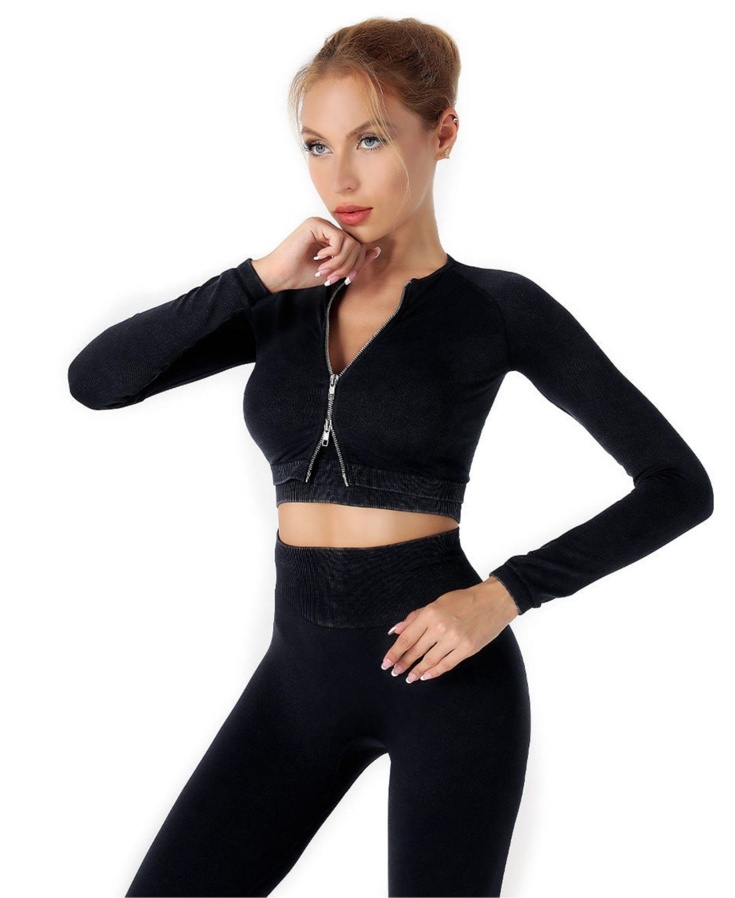 Женский комплект Sunveno High-Waist Long-Sleeve Seamless Top and Leggings, 2-Piece Set, цвет: Чёрный — фото 2