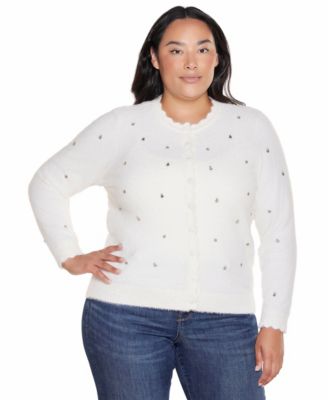 Plus Size LS Eyelash Scalloped-Rhinestone Cardigan