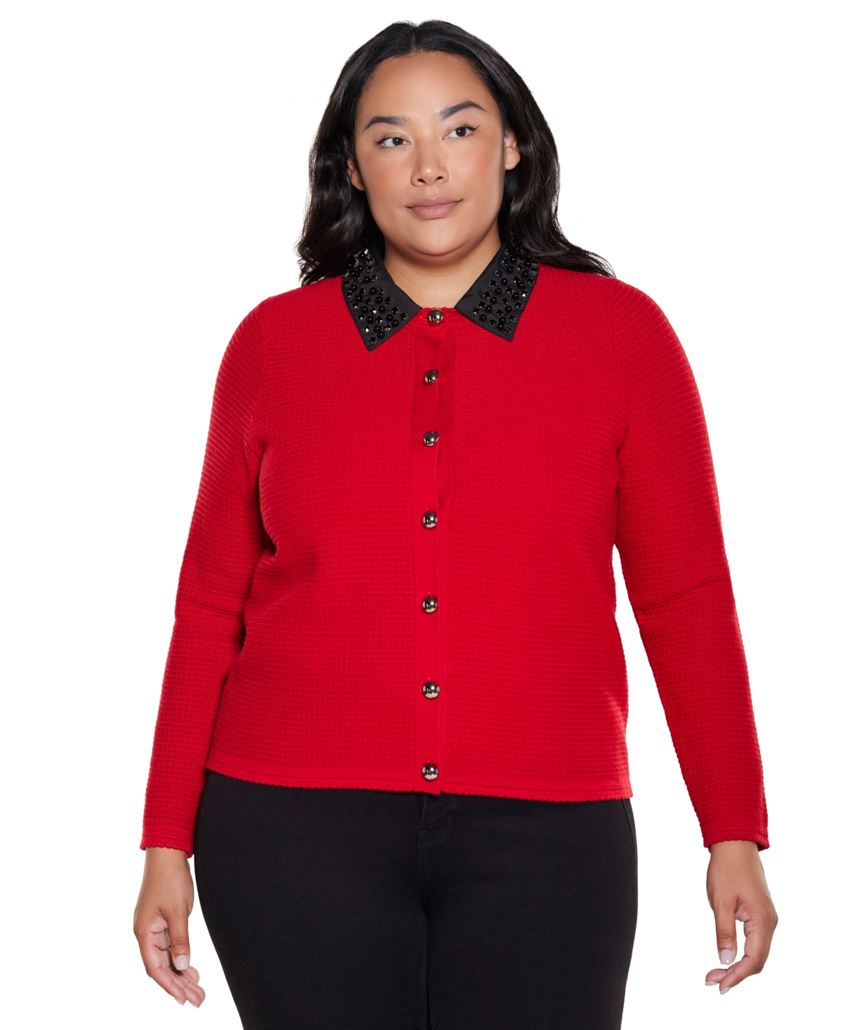 Belldini Plus Embellished Long Sleeve Cardigan Sweater