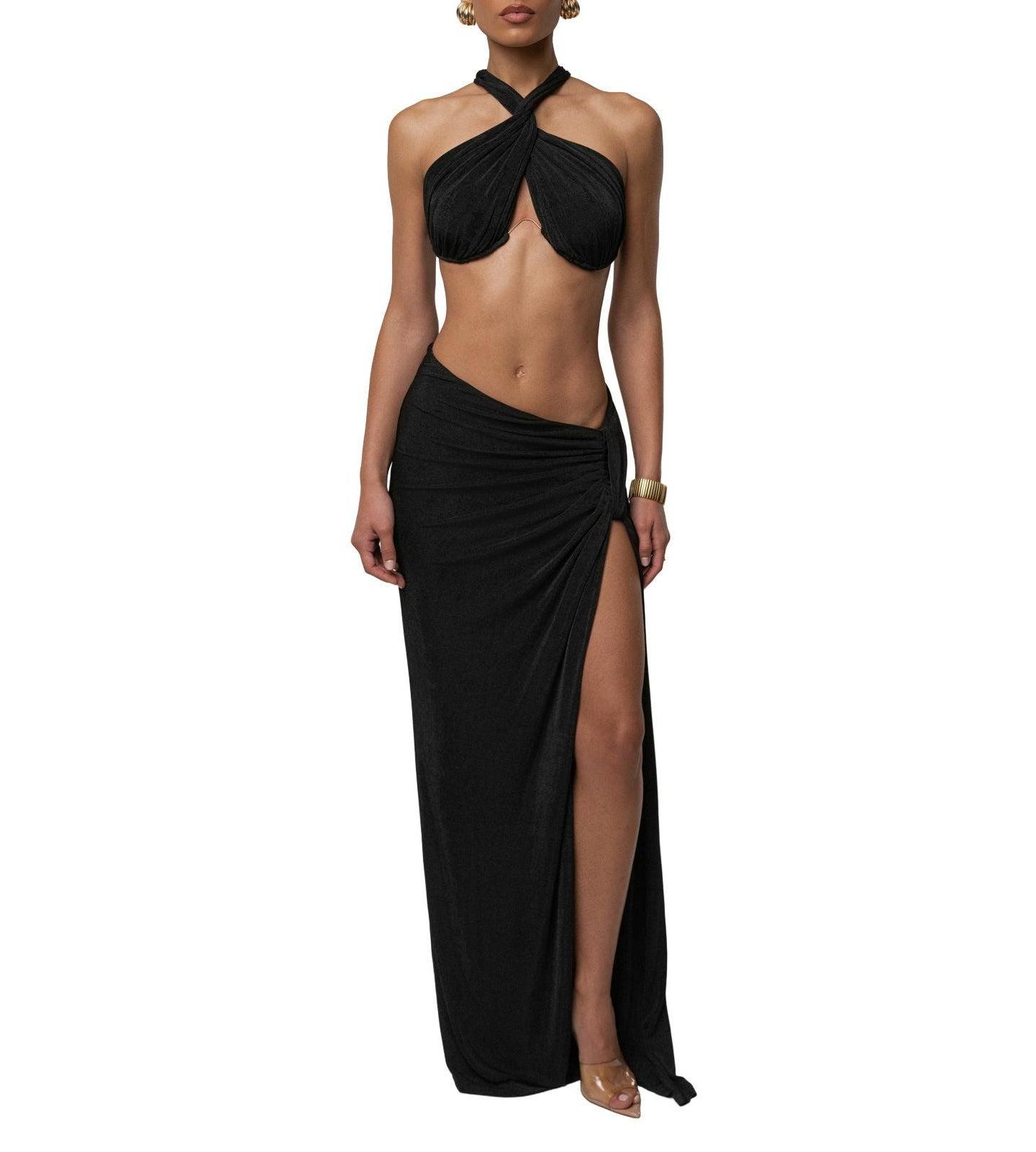 Женский комплект JLUXLABEL City After Dark Open-Back Thigh-High Slit Halter Top and Maxi Skirt, 2-Piece Set, цвет: Чёрный — фото 1