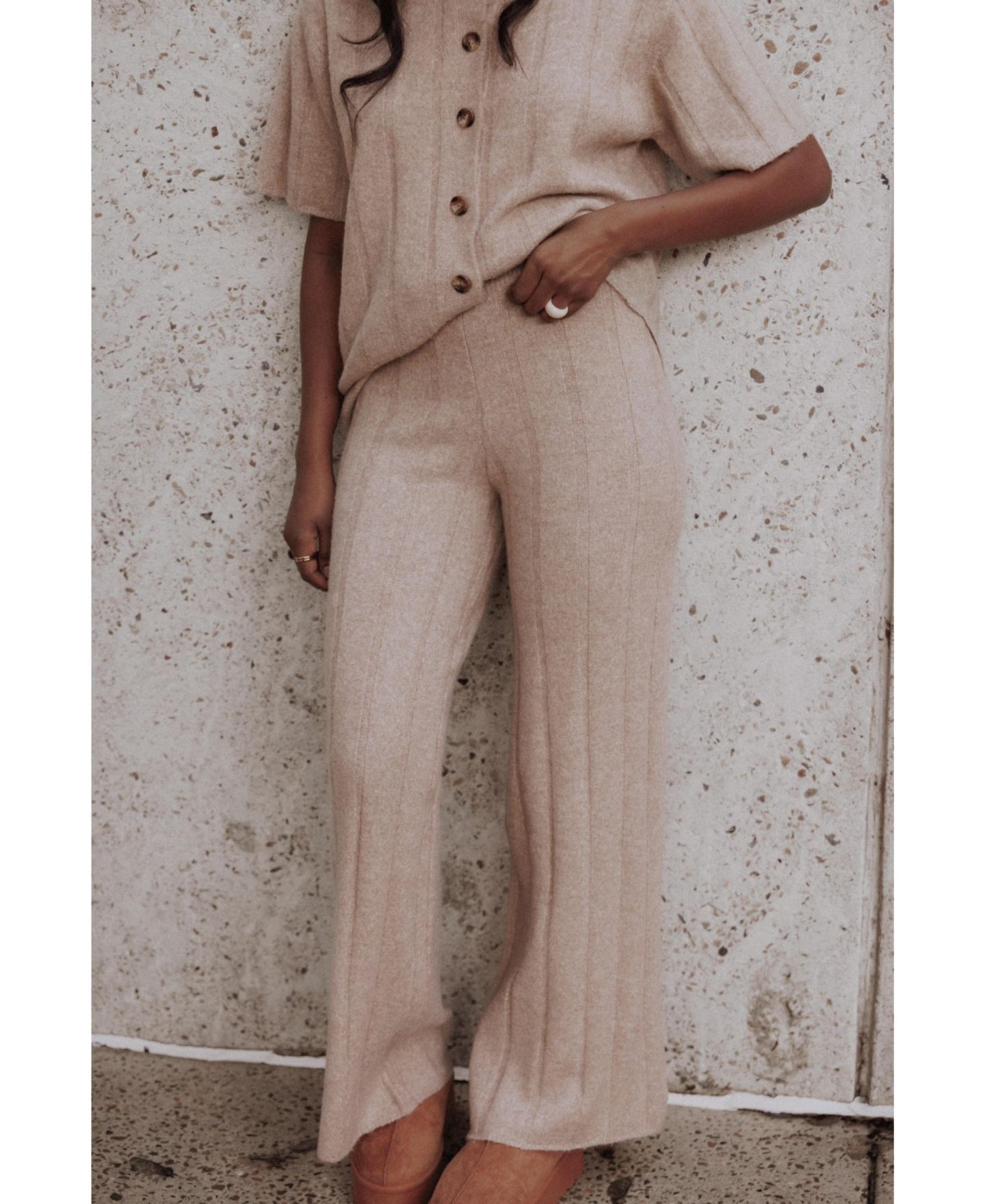 Женский комплект Petal and Pup Wallace Wide-Leg Ribbed Short-Sleeve Top and Pants, 2-Piece Set, цвет: Светлый бежевый — фото 8