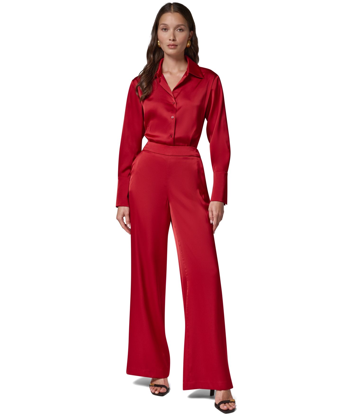 Женские широкие атласные брюки Donna Karan New York с боковой молнией, цвет: Красный бархатный — фото 2