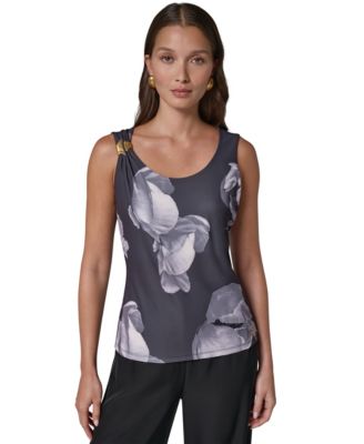 Women's Floral Hardware Strap Scoop Neck Sleeveless Blouse