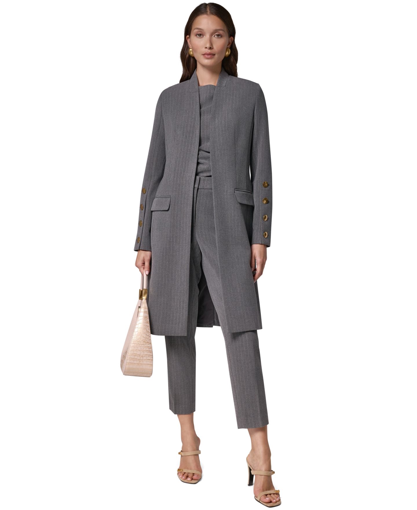 Женская удлинённая куртка Donna Karan New York в тонкую полоску на подкладке, цвет: Светлый меланжевый серый — фото 3