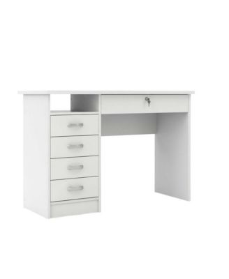 Elegant Computer Desk Featuring Five Drawers and Open Shelf Design