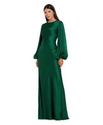 Women's Beaded High Neck Bishop Sleeve Satin Gown