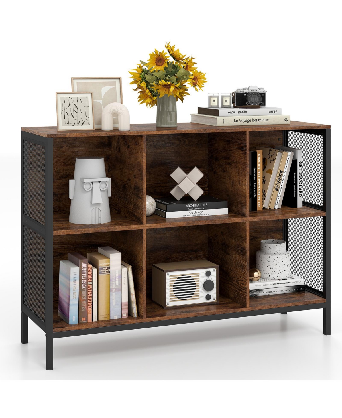 Gymax 6 Cube Bookcase 42 Inch Wide Horizontal Bookshelf with Heavy-Duty Metal Frame