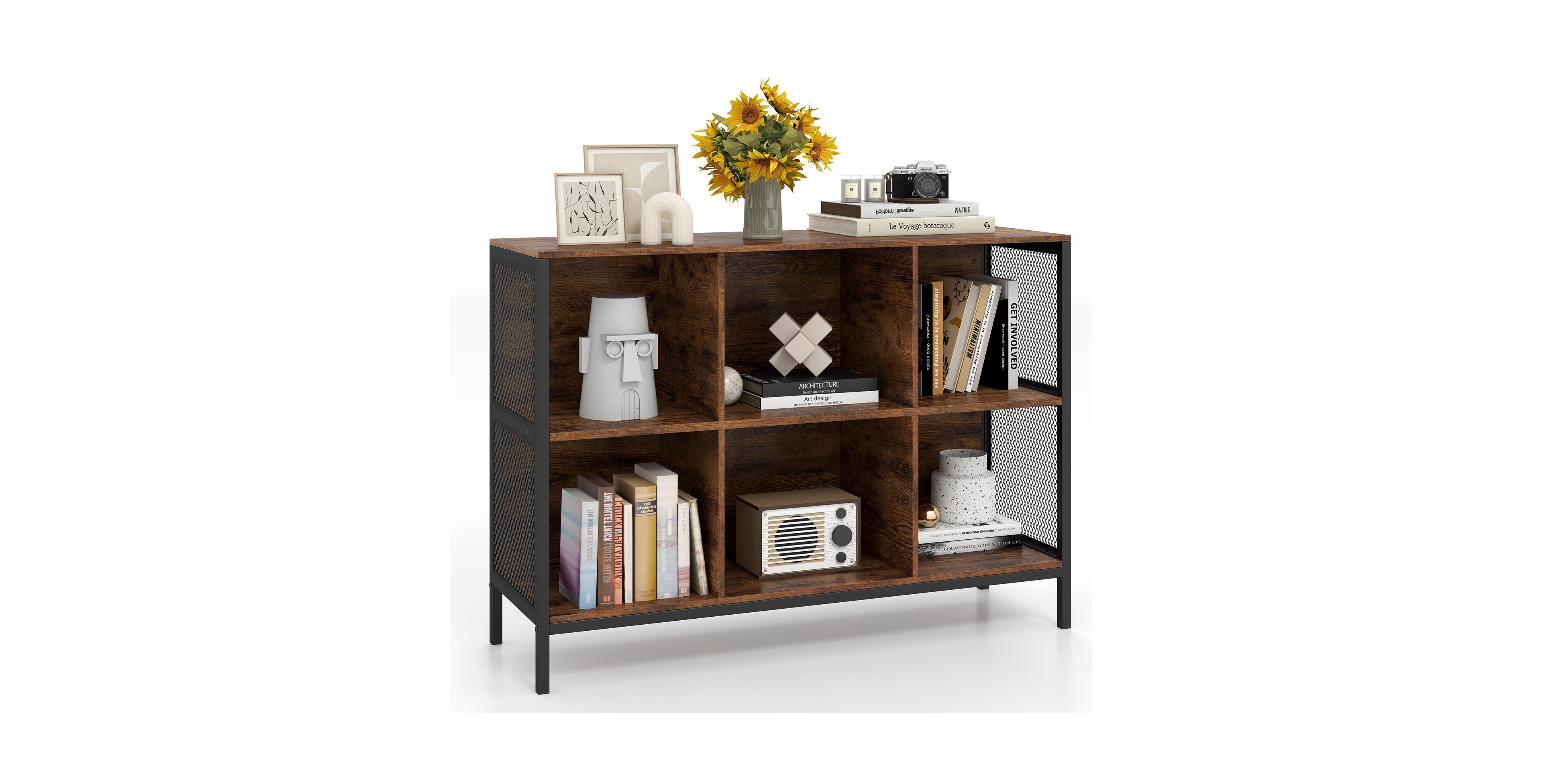 Gymax 6 Cube Bookcase 42 Inch Wide Horizontal Bookshelf with Heavy-Duty Metal Frame
