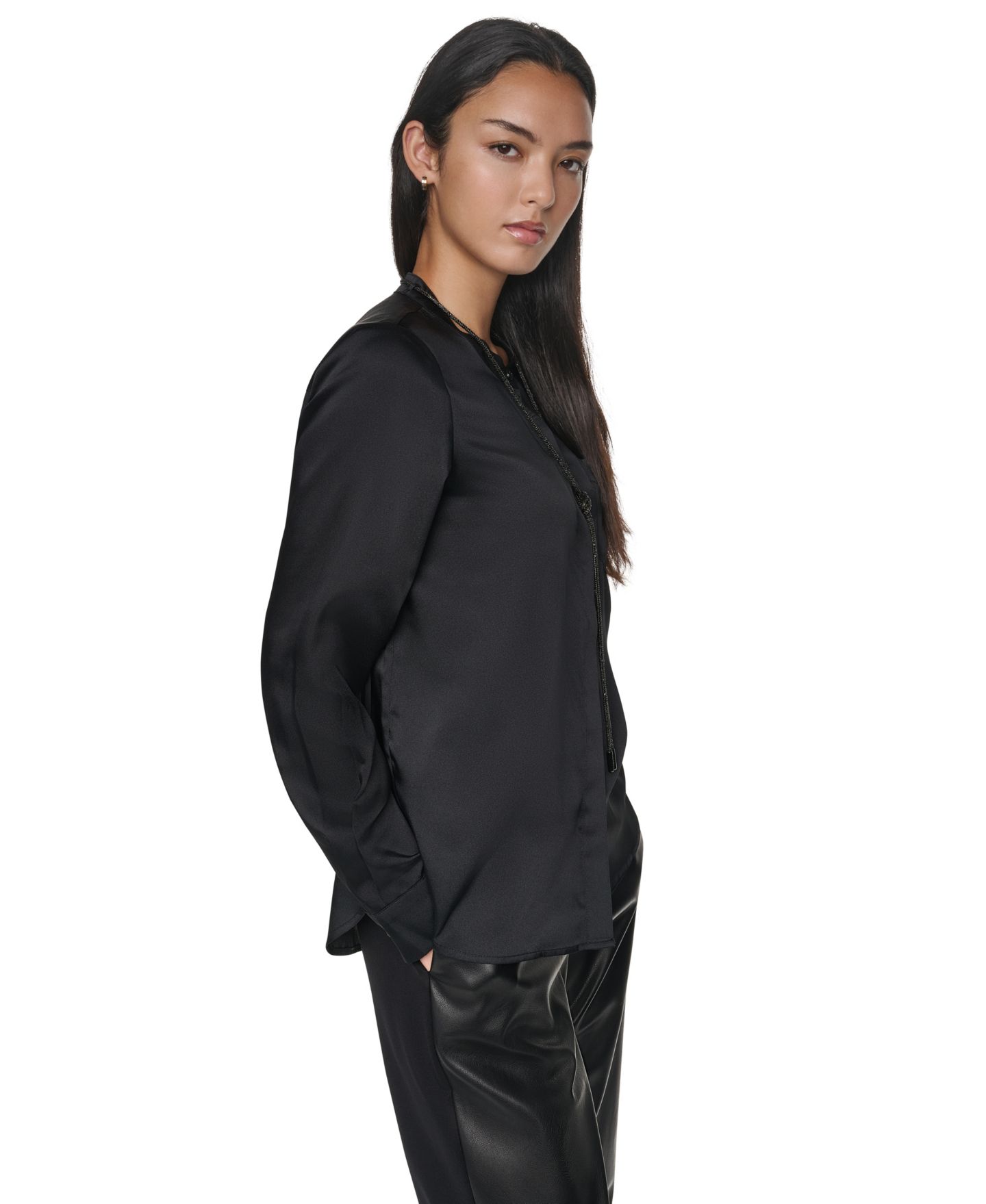 Женская блузка DKNY Embellished Long-Sleeve Collared, цвет: Чёрный — фото 3