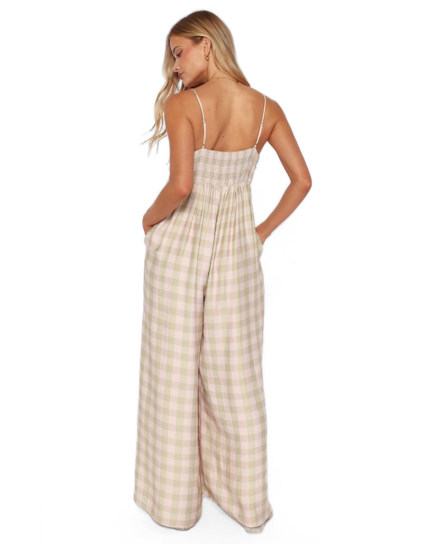 Женский комбинезон Petal and Pup Pricilla Square-Neck Sleeveless Wide-Leg Jumpsuit, цвет: Зелёный розовый в мелкую клетку — фото 3