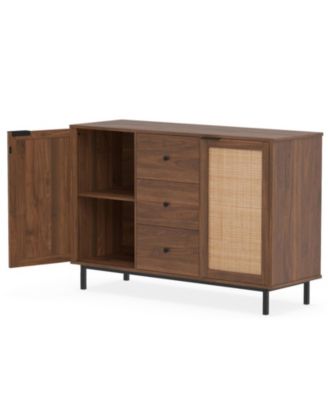 47 Inch Farmhouse Sideboard Buffet Cabinet with 2 Rattan Doors and 3 Drawers