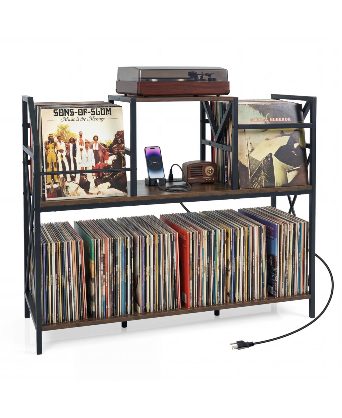 Mecale Record Player Stand with Power Outlets and Vinyl Storage and Dividers for Albums