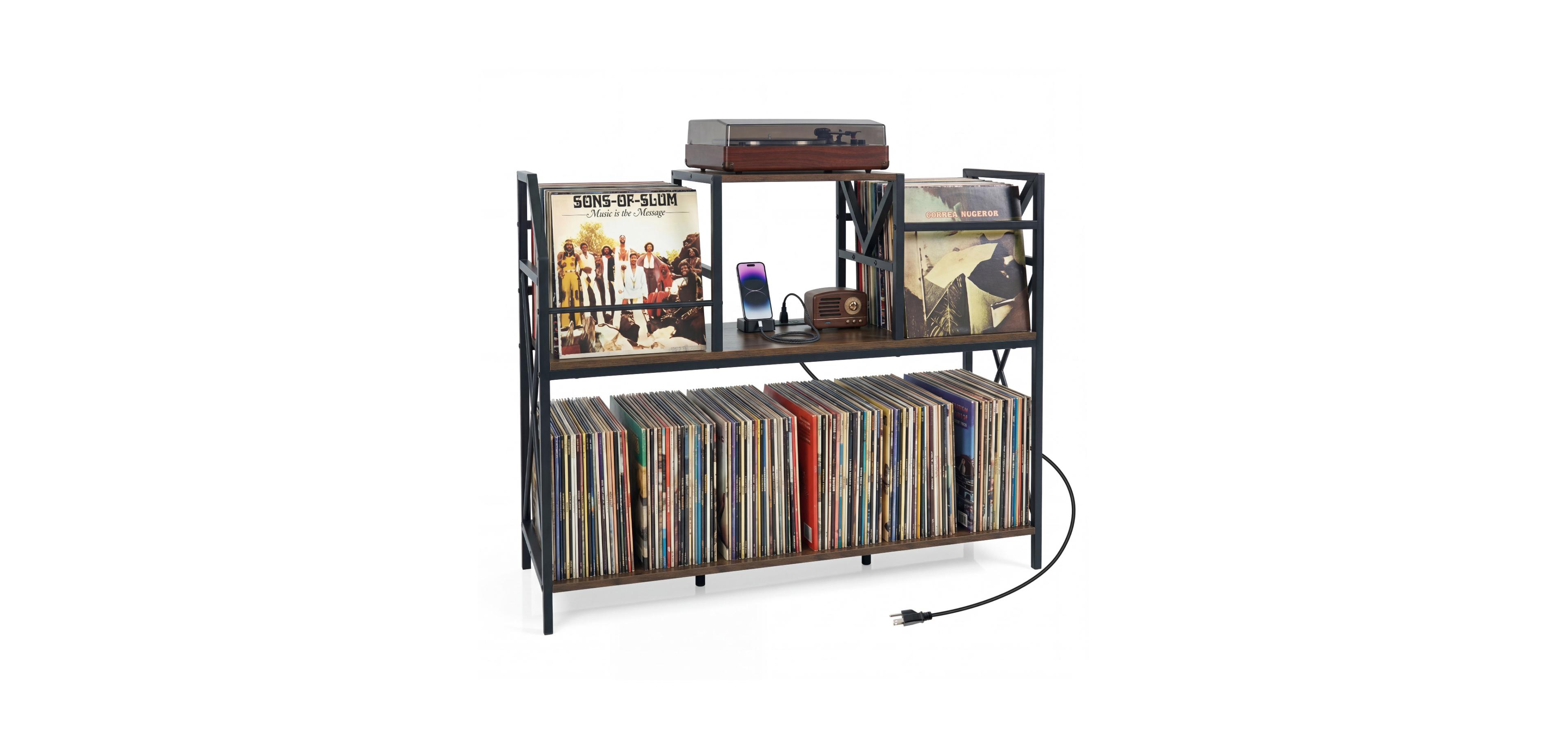 Mecale Record Player Stand with Power Outlets and Vinyl Storage and Dividers for Albums