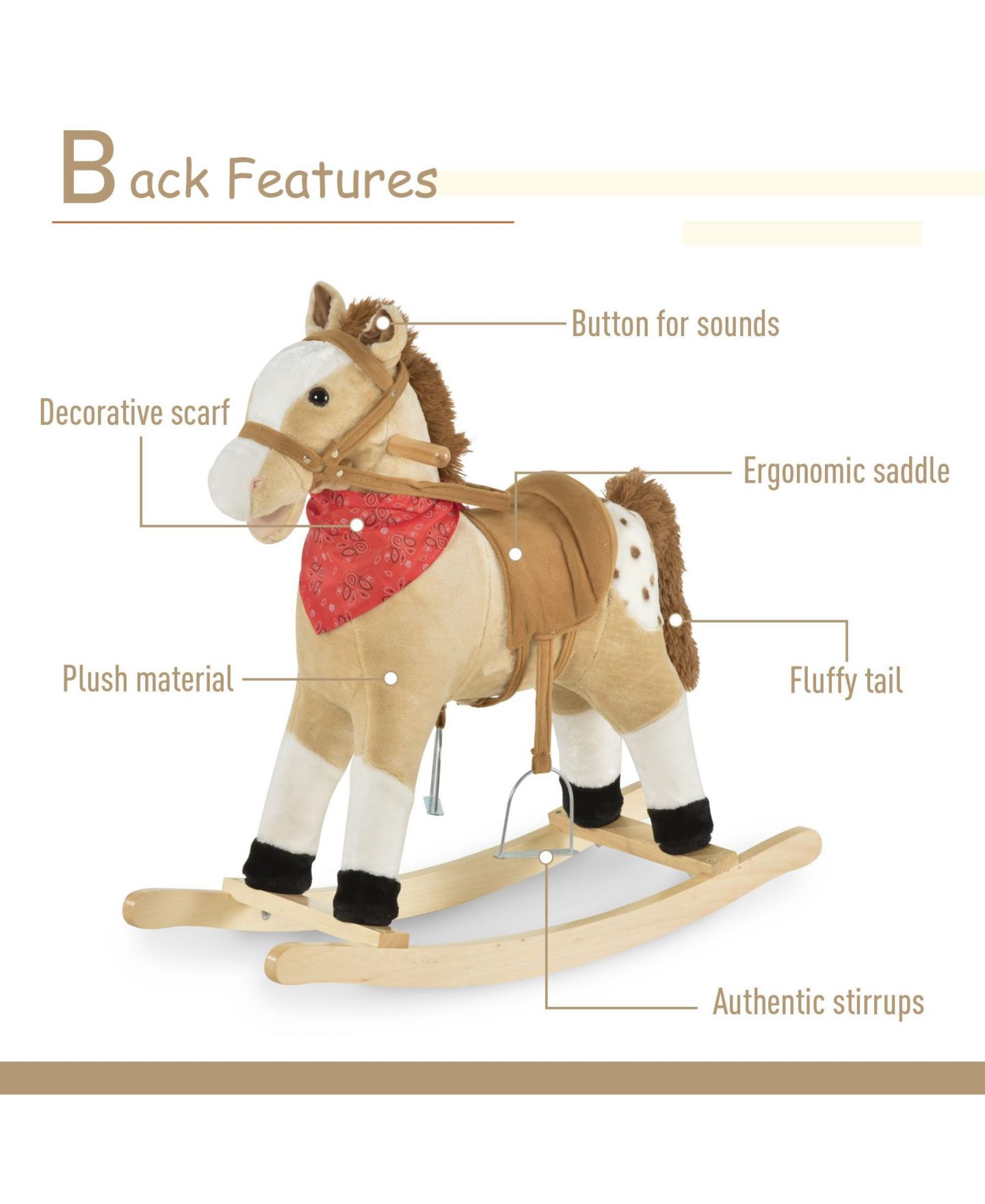 Детская мягкая игрушка SEVORLEY Plush Rocking Ride-On Toy, 3–6 лет, цвет: Бежевый — фото 6