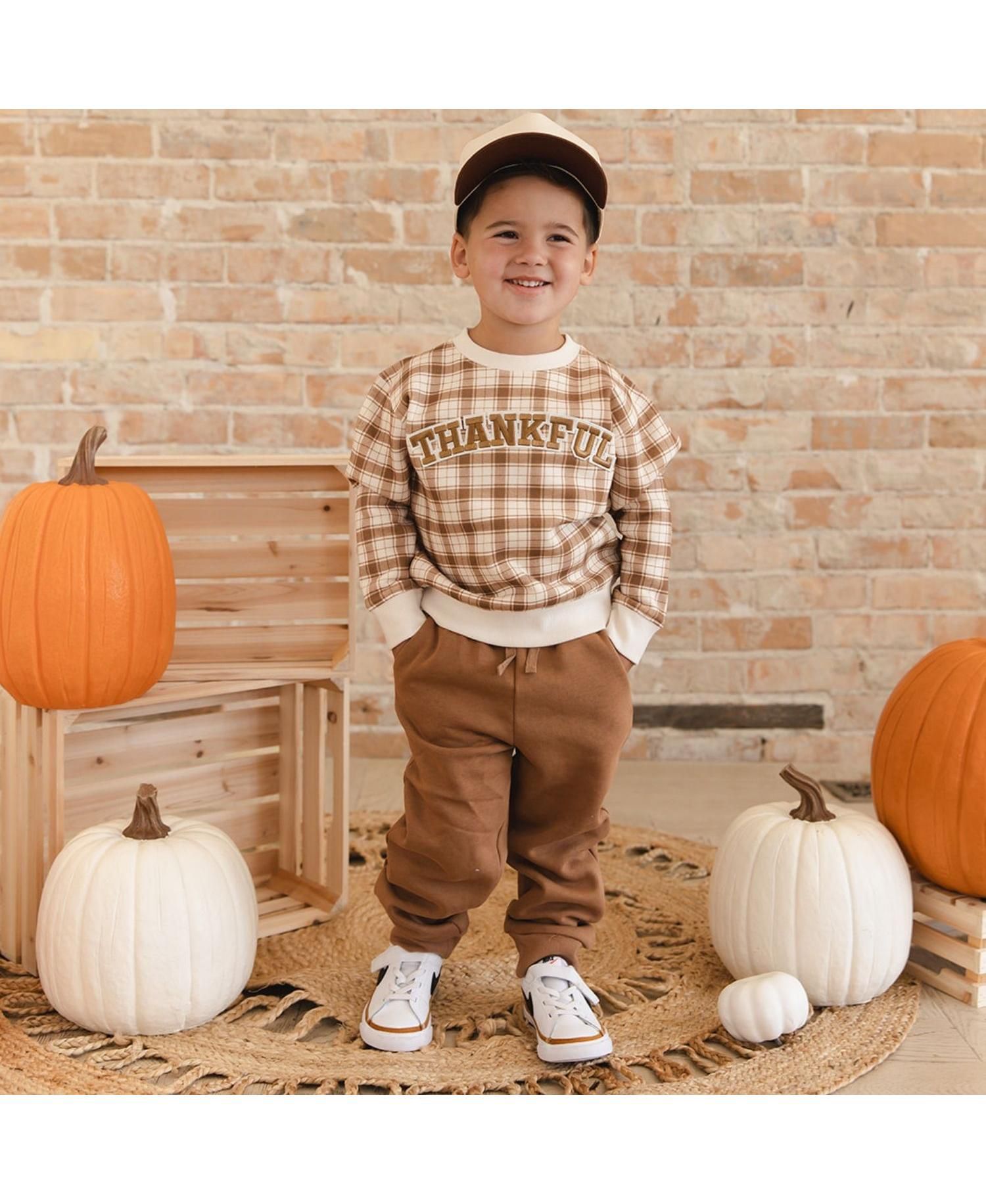 Boys' 4-20 Thankful Patch Crewneck Long-Sleeve Thanksgiving Sweatshirt