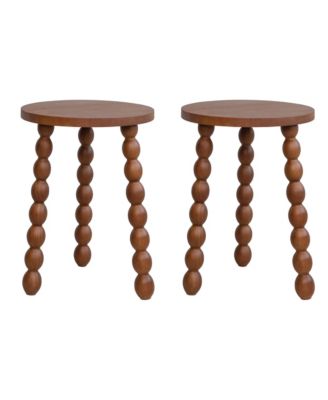 Brushed Rubberwood Round Accent Tables with Turned Legs, Walnut Finish, Set of 2