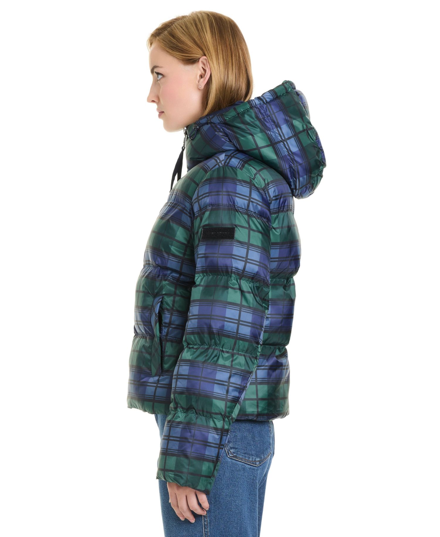 Women's Hooded Plaid Cropped Puffer Jacket