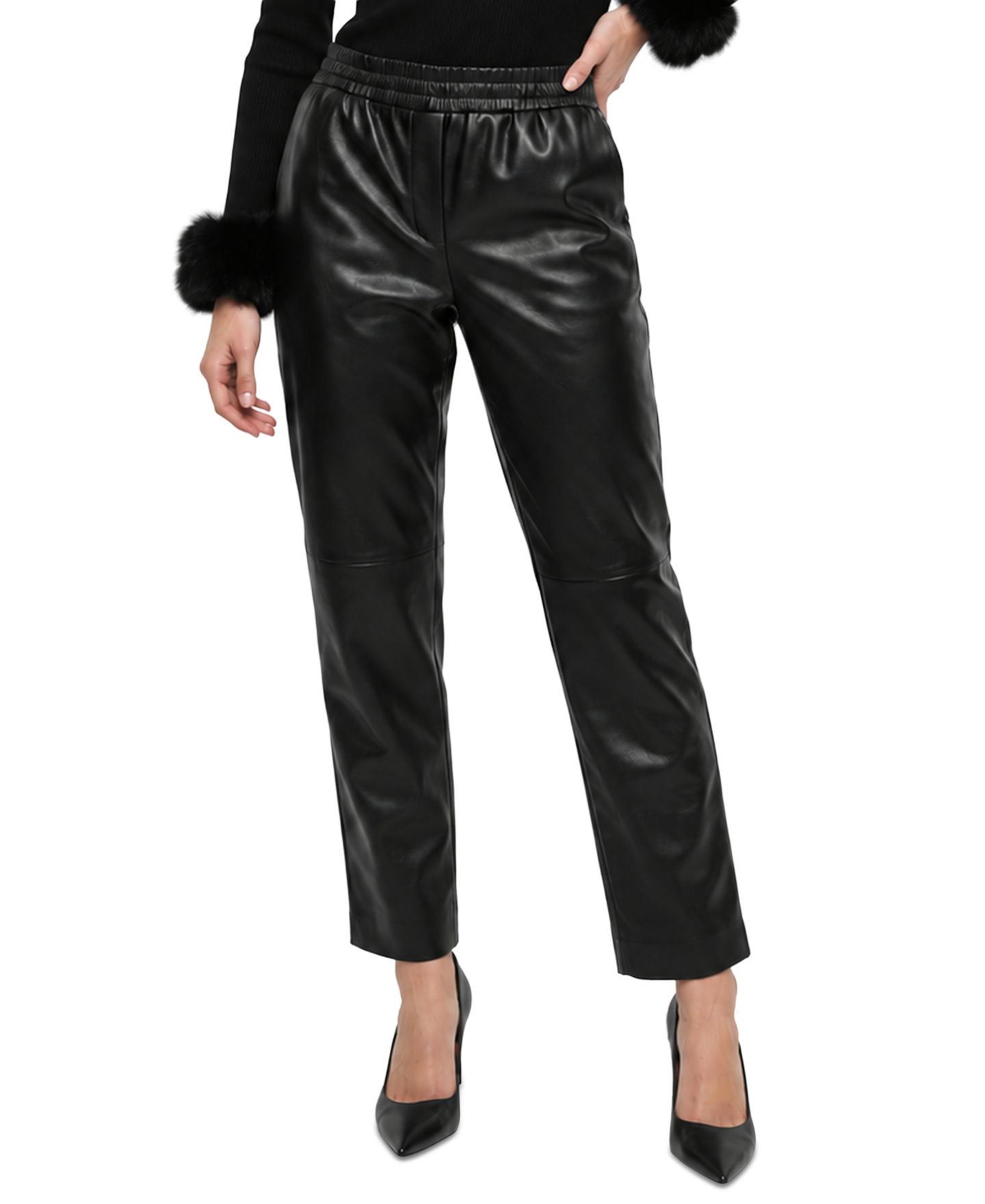 Женские брюки Elie Tahari Madelyn High-Rise Pull-On Slim Faux Leather, цвет: Чёрный — фото 4