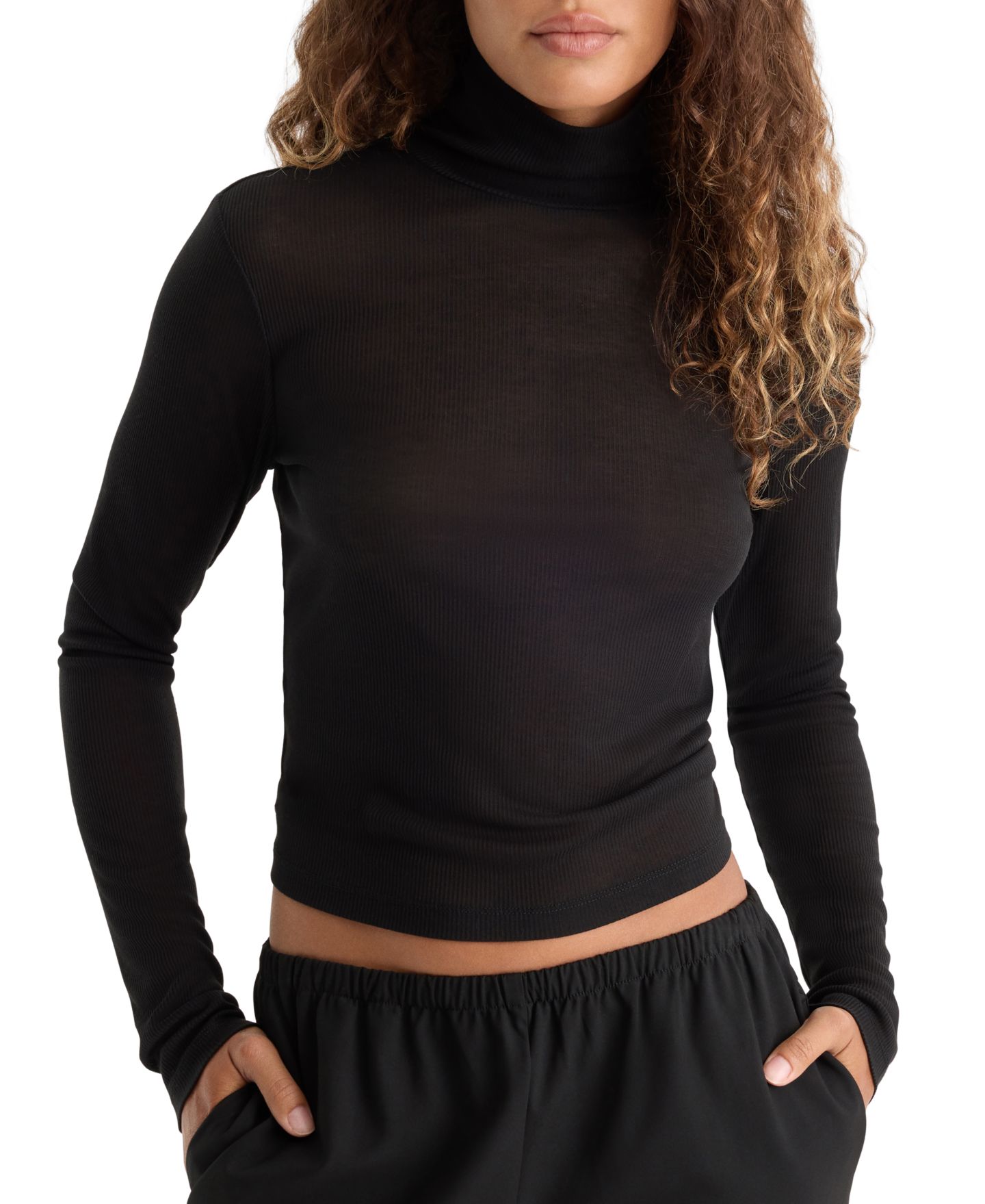 Женский топ Good American Sheer Ribbed Turtleneck, цвет: Чёрный — фото 1
