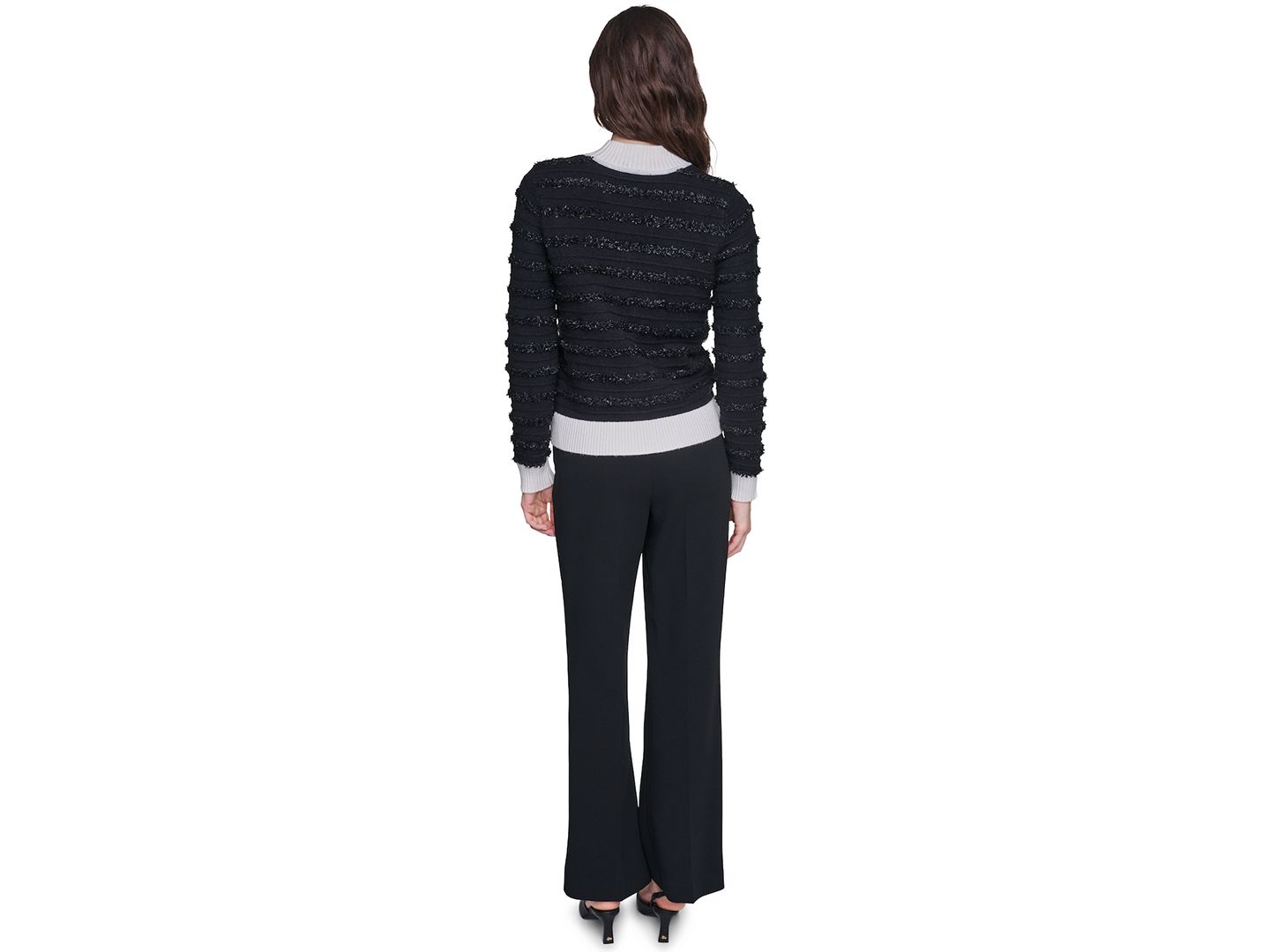 Женский свитер KARL LAGERFELD PARIS Petite All Over Imitation Pearl Mock Neck Long-Sleeve Striped, цвет: Чёрный / Мягкий белый — фото 5