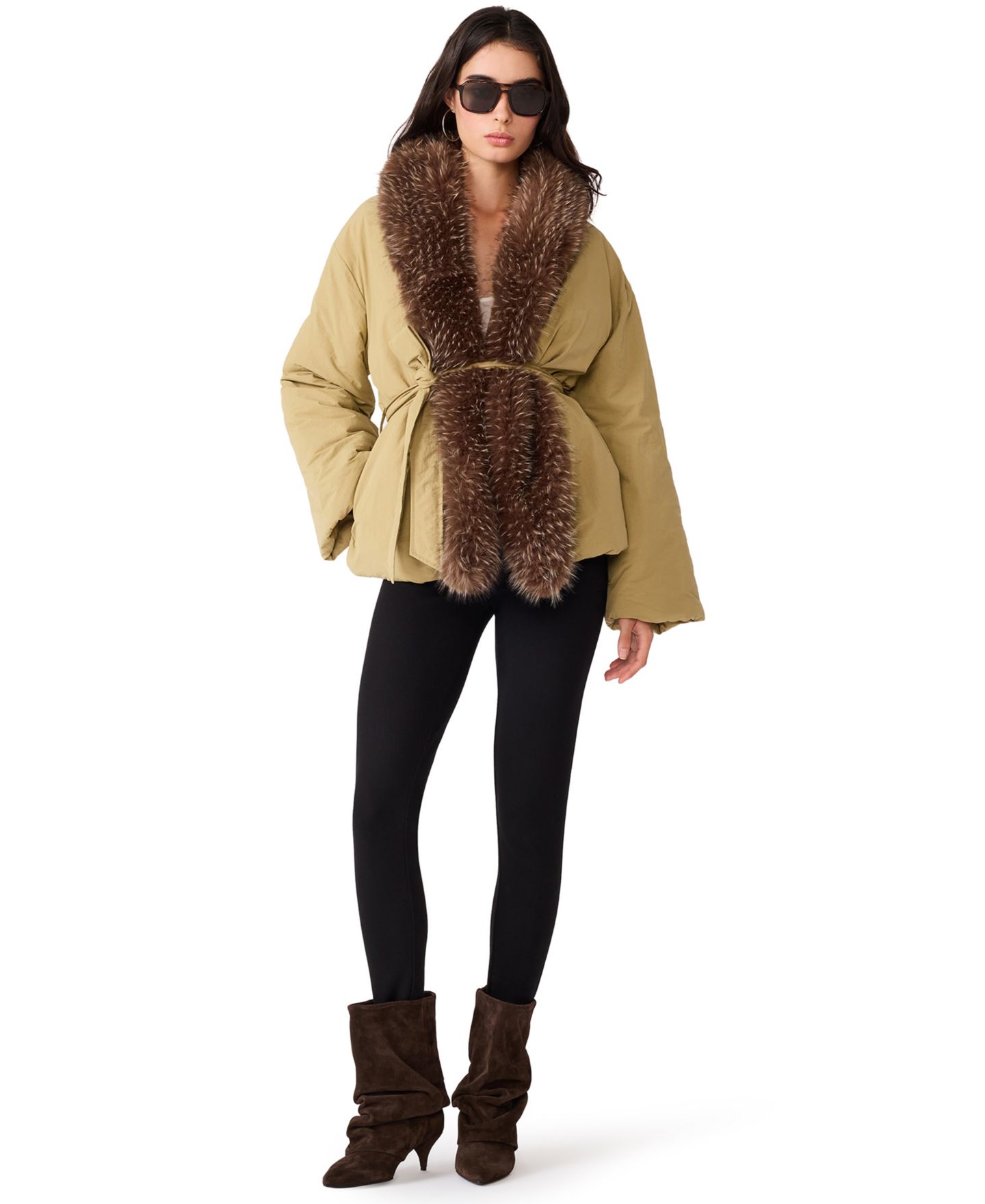 Женская куртка Steve Madden Millarca Puffer Faux-Fur Shawl-Collar, цвет: Пыльный серо-коричневый — фото 2