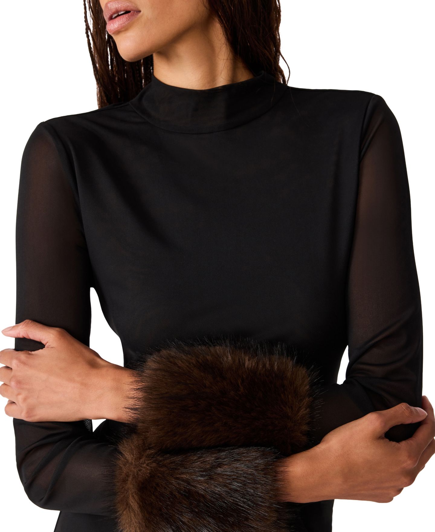 Женская блузка Steve Madden Lilienne Knit Top Faux Fur Mock Neck Sheer, цвет: Чёрный — фото 4