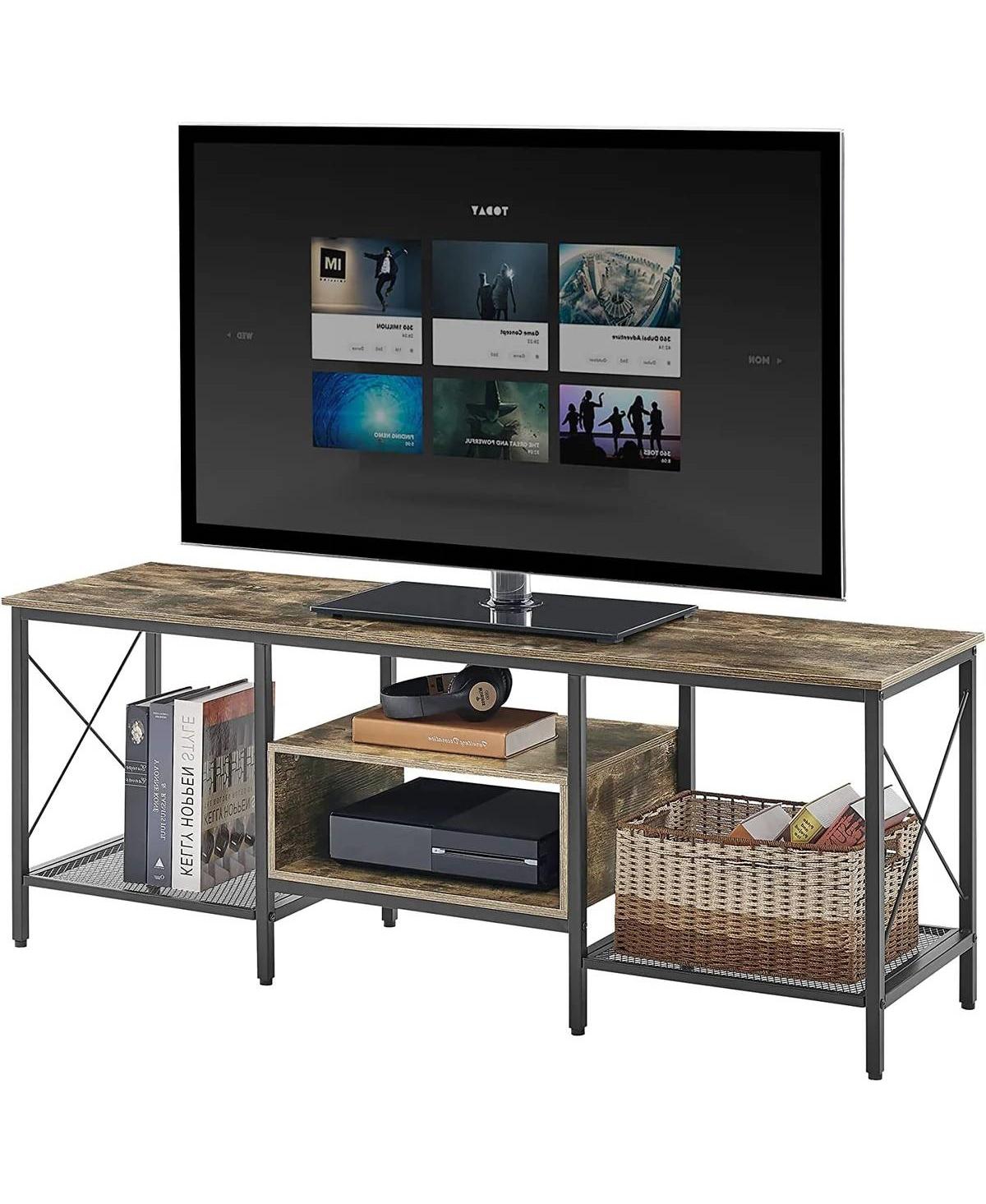Slickblue Farmhouse Metal and Wood Tv Stand with Media Storage Shelves - Brown