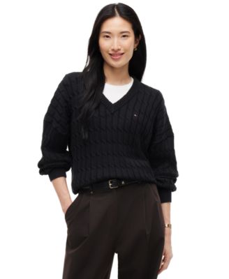 Women's Cable-Knit V-Neck Long-Sleeve Sweater