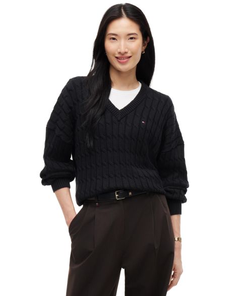 Женский свитер Tommy Hilfiger Cable-Knit V-Neck Long-Sleeve, цвет: Тёмный ночной тёмно-синий