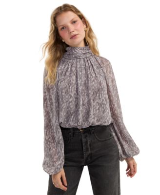 Women's Long-Sleeve Mock Neck Open-Back Blouse