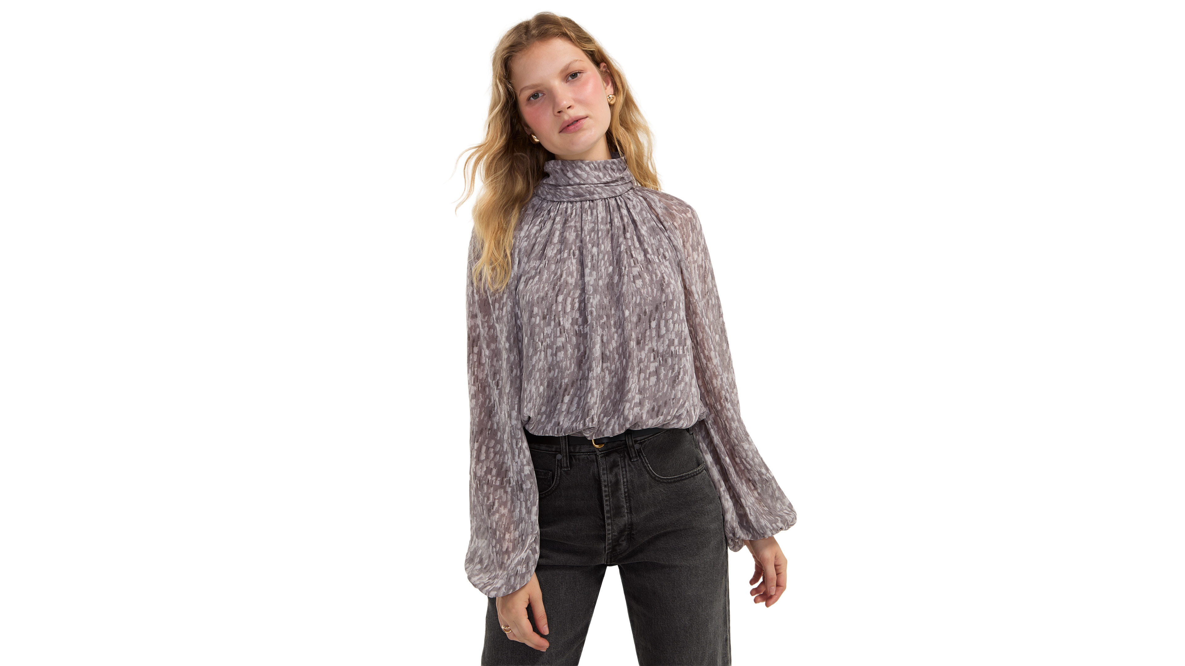 Liverpool Los Angeles Women's Long-Sleeve Mock Neck Open-Back Blouse