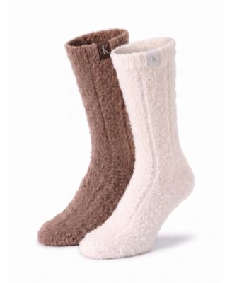 Women's Holiday Fluffy Fuzzy Ribbed Crew Socks, 2-Pack