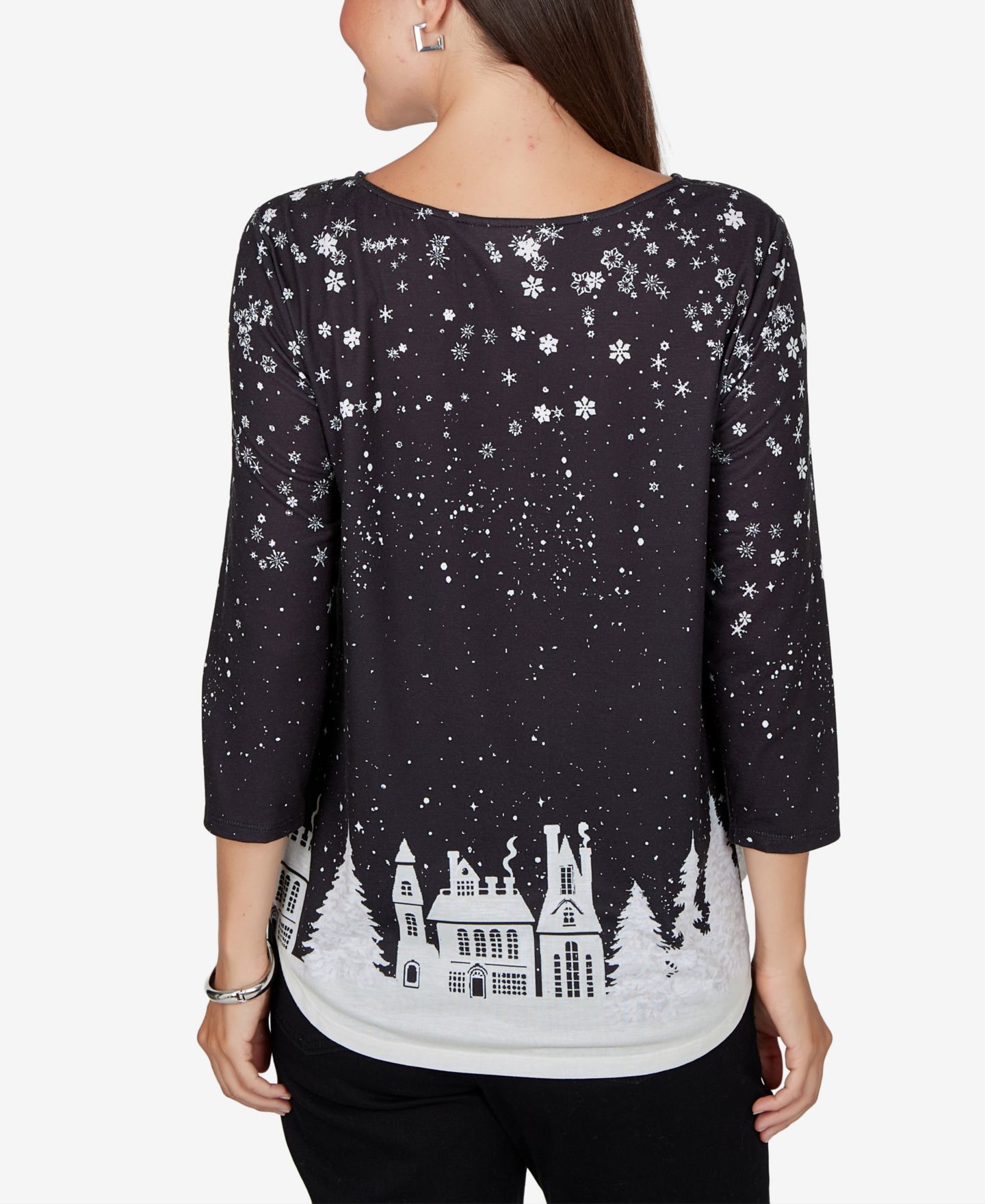 Женская футболка Ruby Rd. Petite Snowflake Holiday 3/4-Sleeve, цвет: Чёрный разноцветный — фото 5