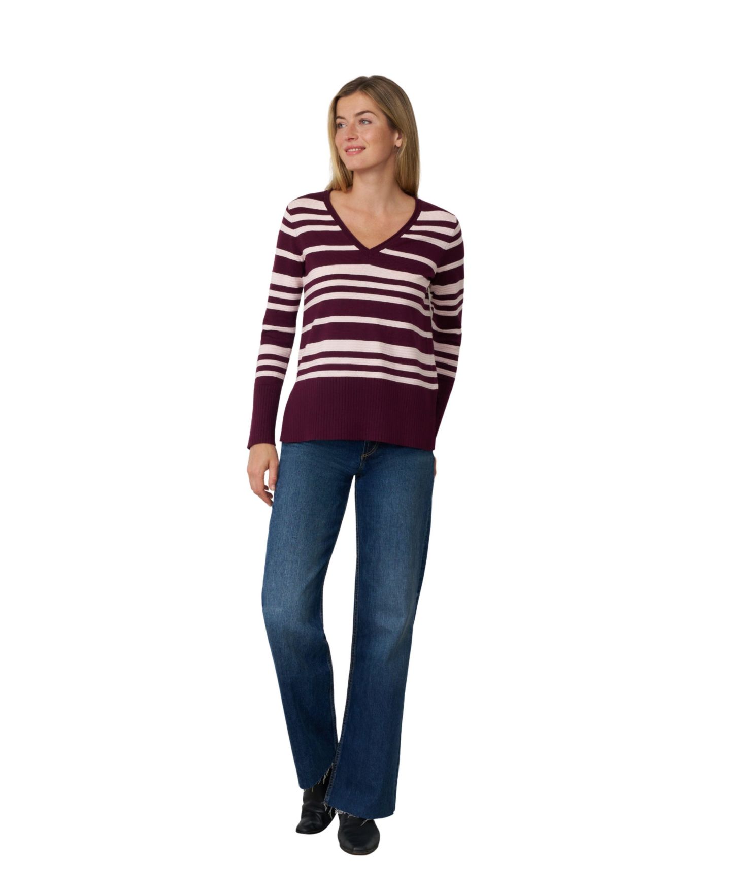 Женский свитер Cable & Gauge Textured Stripe V-Neck Long-Sleeve, цвет: Розовый — фото 4