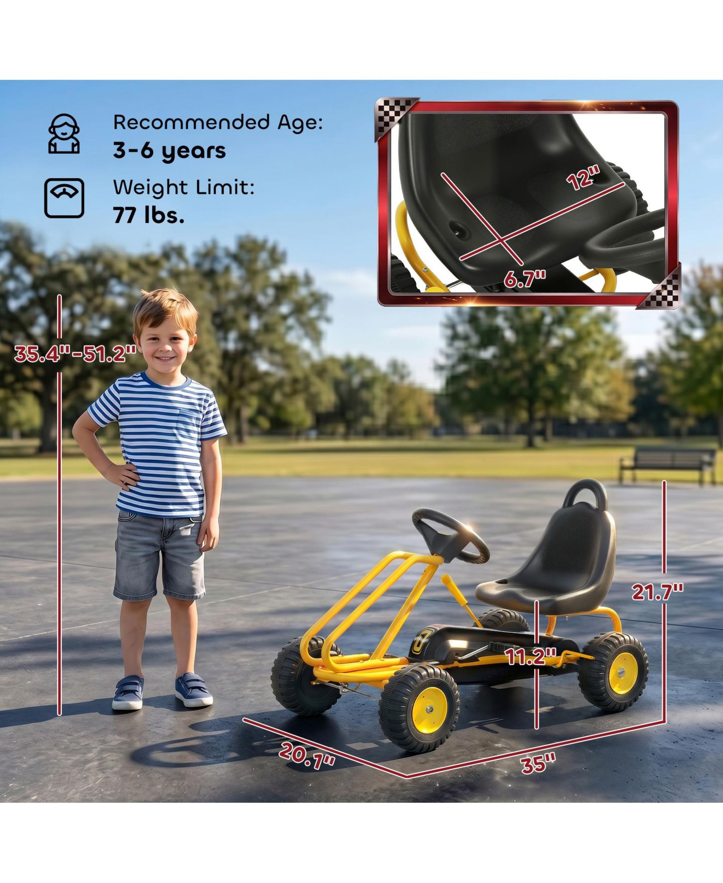 Детская игрушка Qaba 4-Wheel Pedal Go Kart with Adjustable Seat, 3–6 лет, цвет: Жёлтый — фото 4