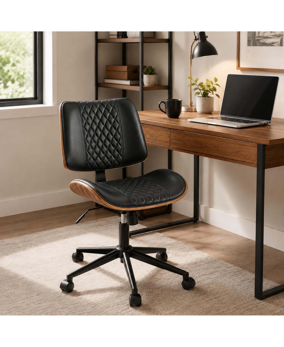 homfan Home Office Chair Pu Leather Adjustable Height Small Desk Mid Back 360 Swivel Armless for Bedroom