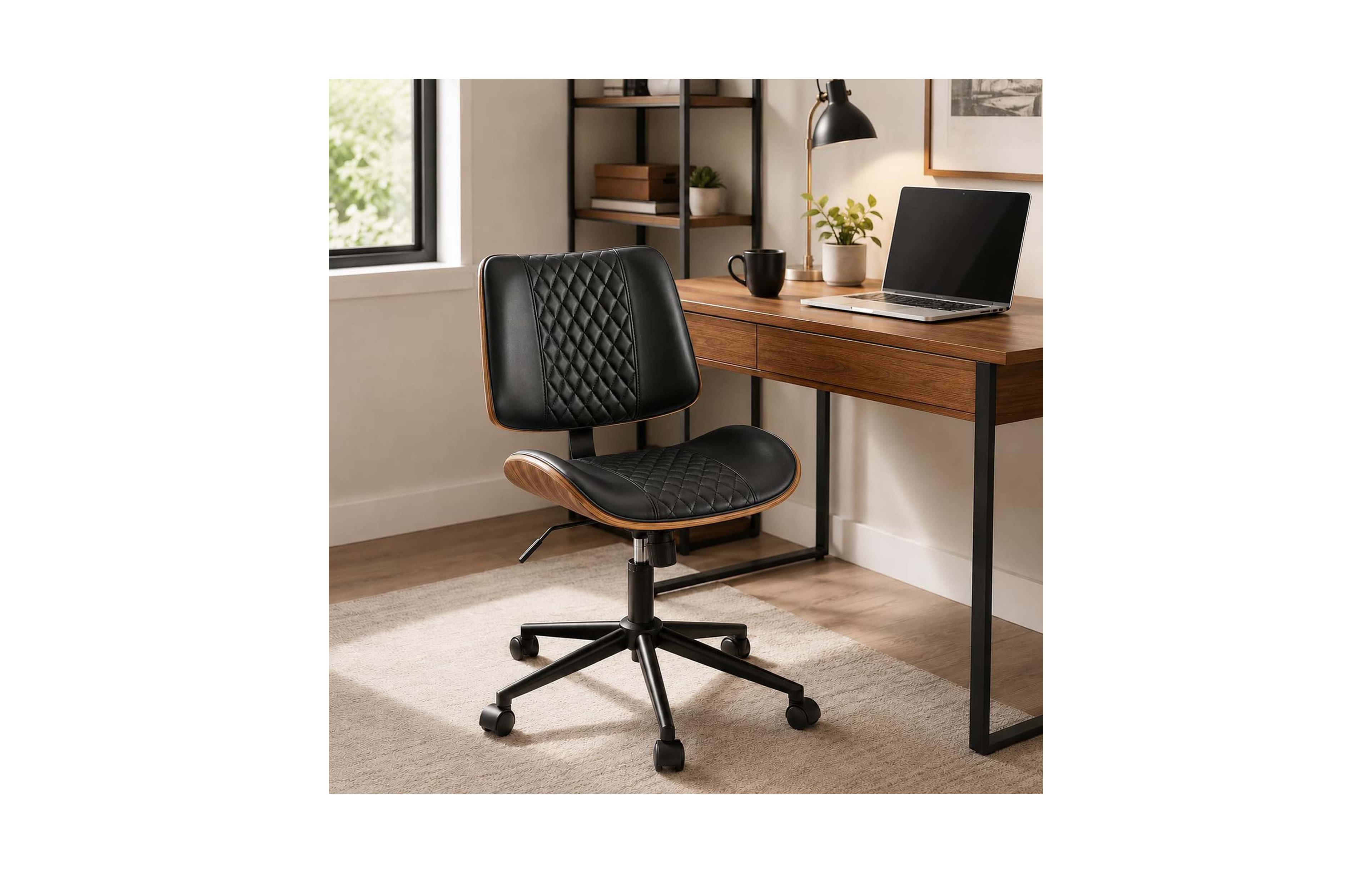 homfan Home Office Chair Pu Leather Adjustable Height Small Desk Mid Back 360 Swivel Armless for Bedroom