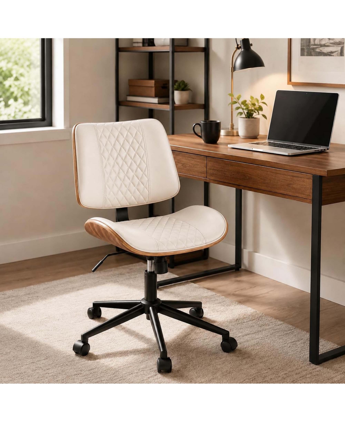 homfan Home Office Chair Pu Leather Adjustable Height Small Desk Chair Mid Back 360 Swivel Armless for Office Bedroom - White
