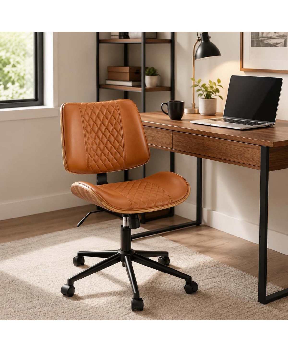 homfan Home Office Chair Pu Leather Adjustable Height Small Desk Chair Mid Back 360 Swivel Armless for Office Bedroom - Brown
