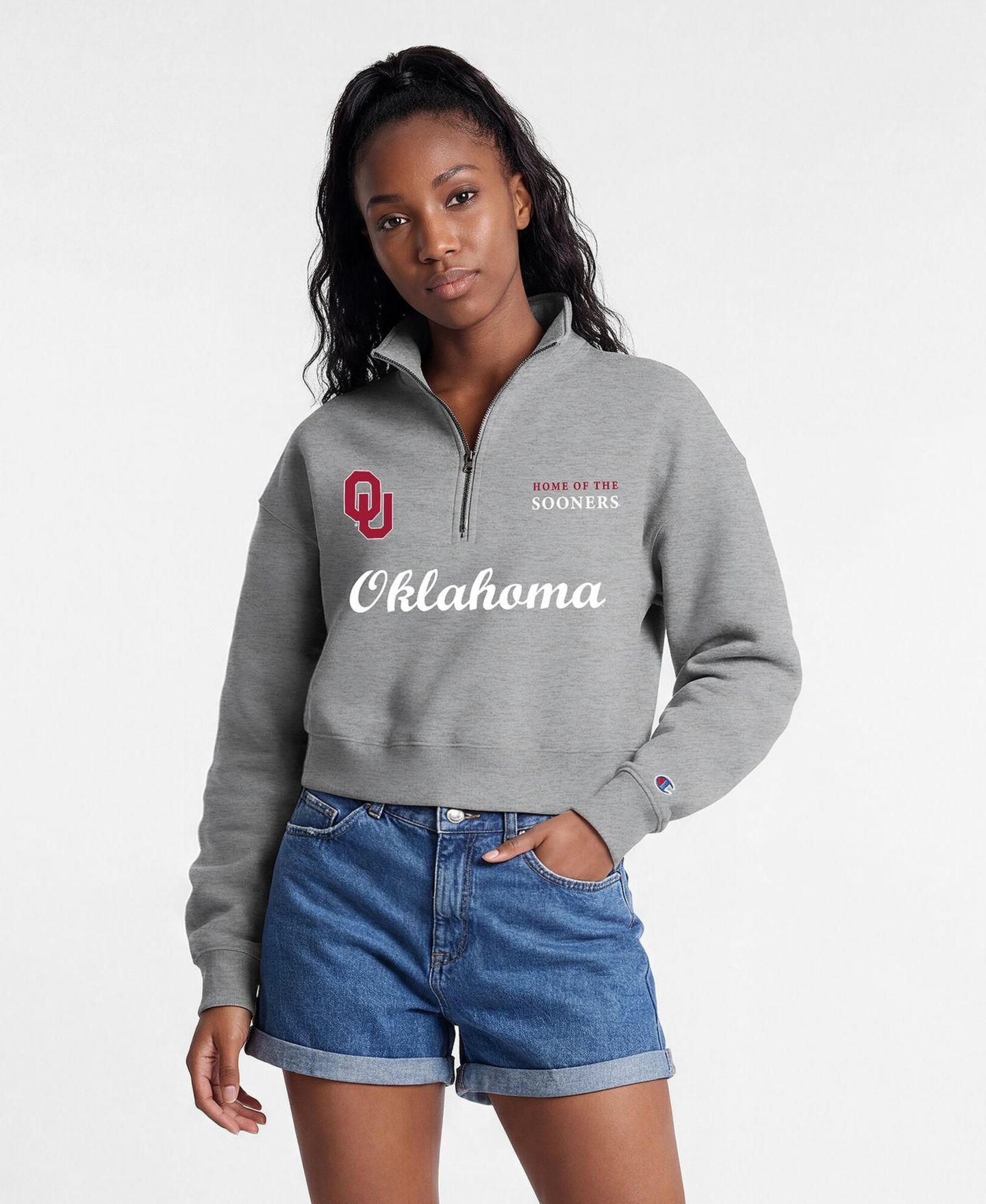 Женский свитер Champion Gray Oklahoma Sooners Academic Triumph Quarter-Zip Tri-Blend Pullover — фото 1