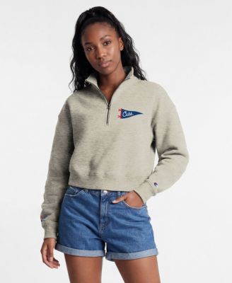 Women's  Cream Chicago Cubs Triumph Tri-Blend Fleece Cropped Quarter-Zip Pullover